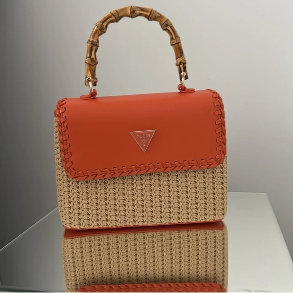 New GUESS Orange and Tan Satchel with Woven Design